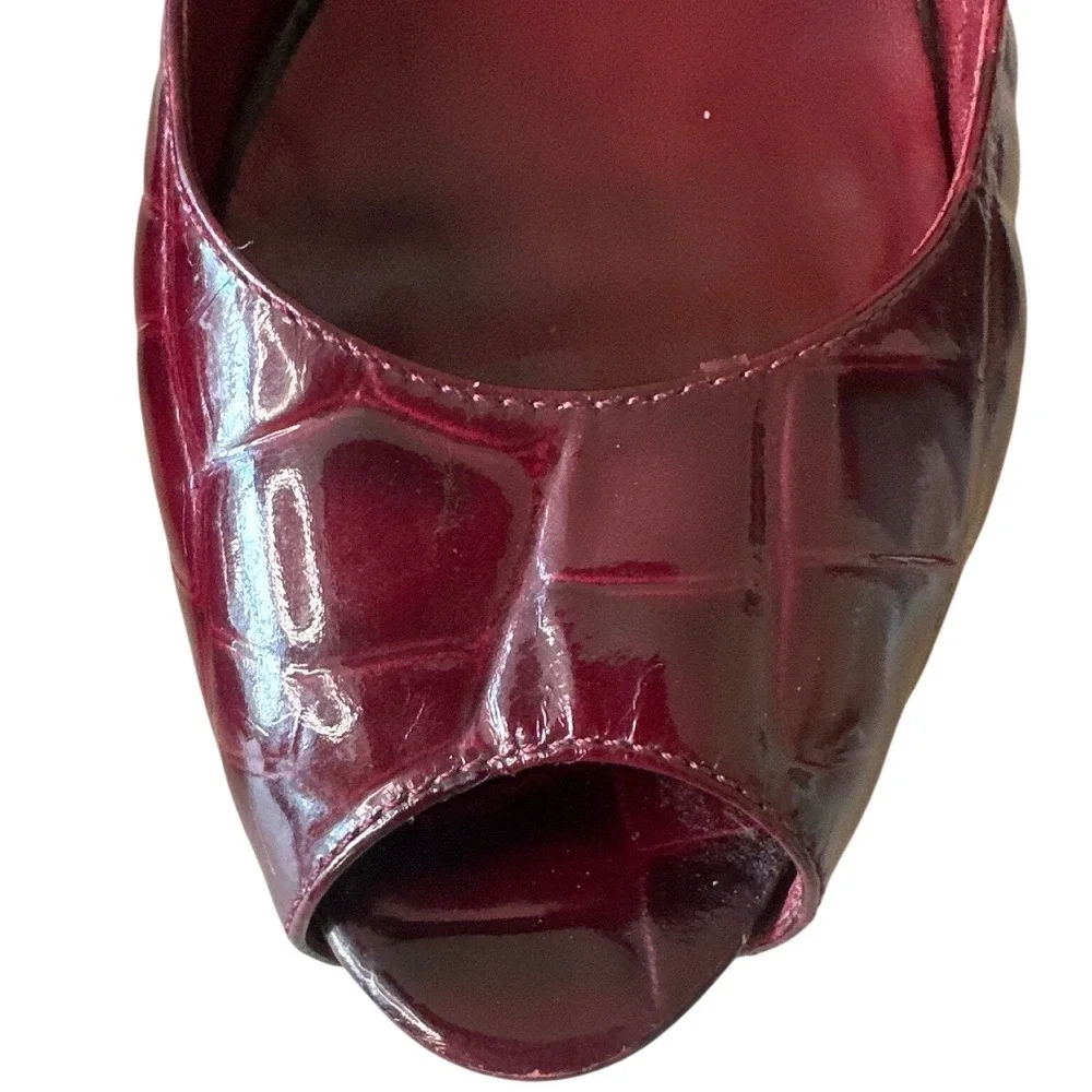 Tory Burch Allison Croc Patent Slingback Peep Toe‎ Block Heels 8 Bordeaux